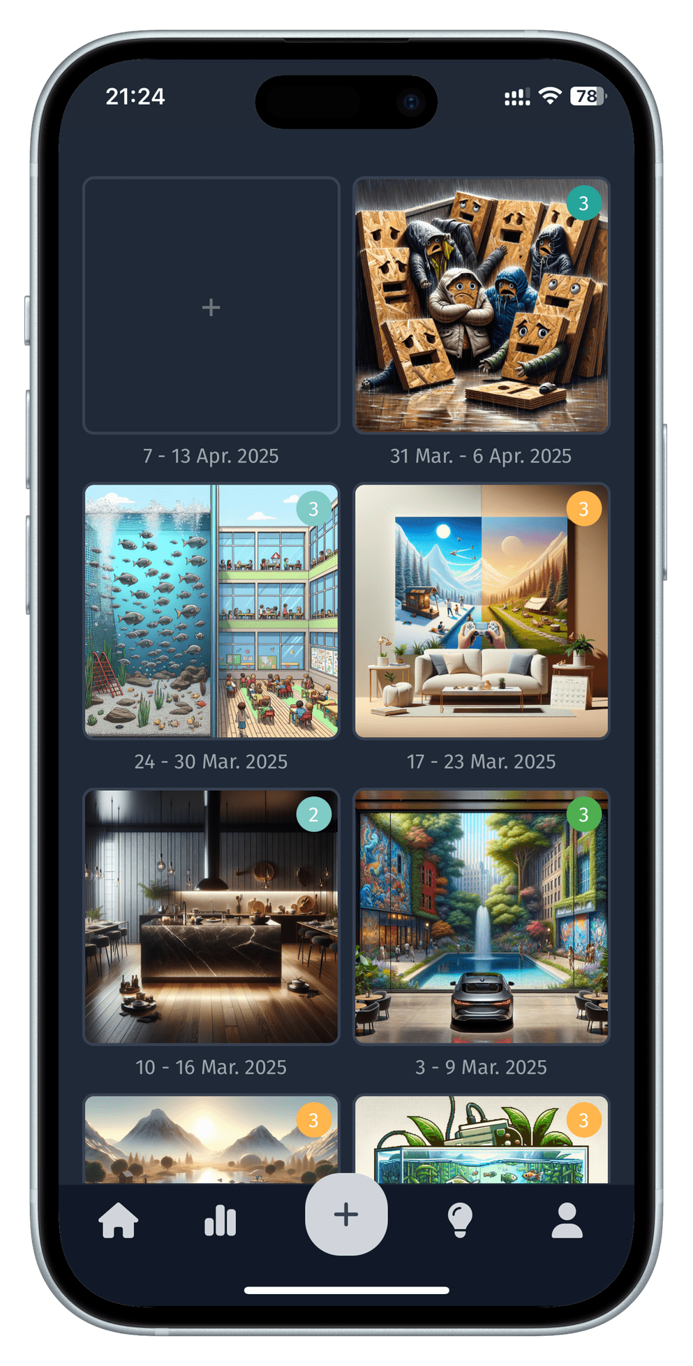 EluTee app interface showing weekly moment tracking in portrait view