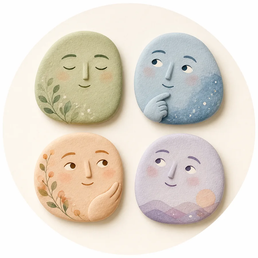 Four gentle illustrated mood characters expressing calm, curiosity, contentment and hope