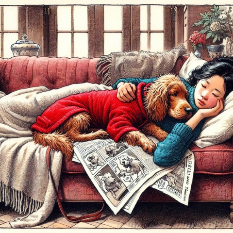 An illustrated weekly cover of a quiet day on the sofa with a dog